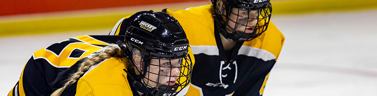 two youth in jerseys and helmets are playing hockey